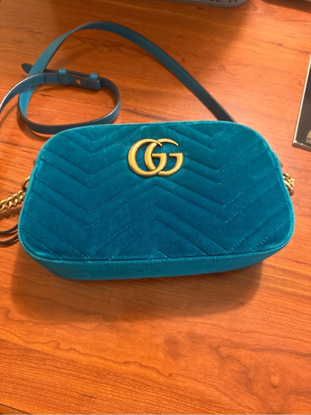 Gucci Teal Velvet GG Marmont Small Crossbody Bag
